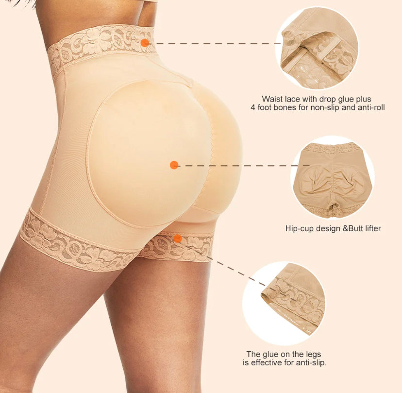 Deep Skin Color Lace Trim Stomach Control Middle Waist Shorts Shapewear