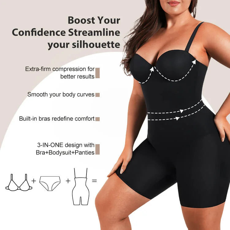 Back Smoothing Underwire Cup Push Up Bra Strapless Shortie Bodysuit