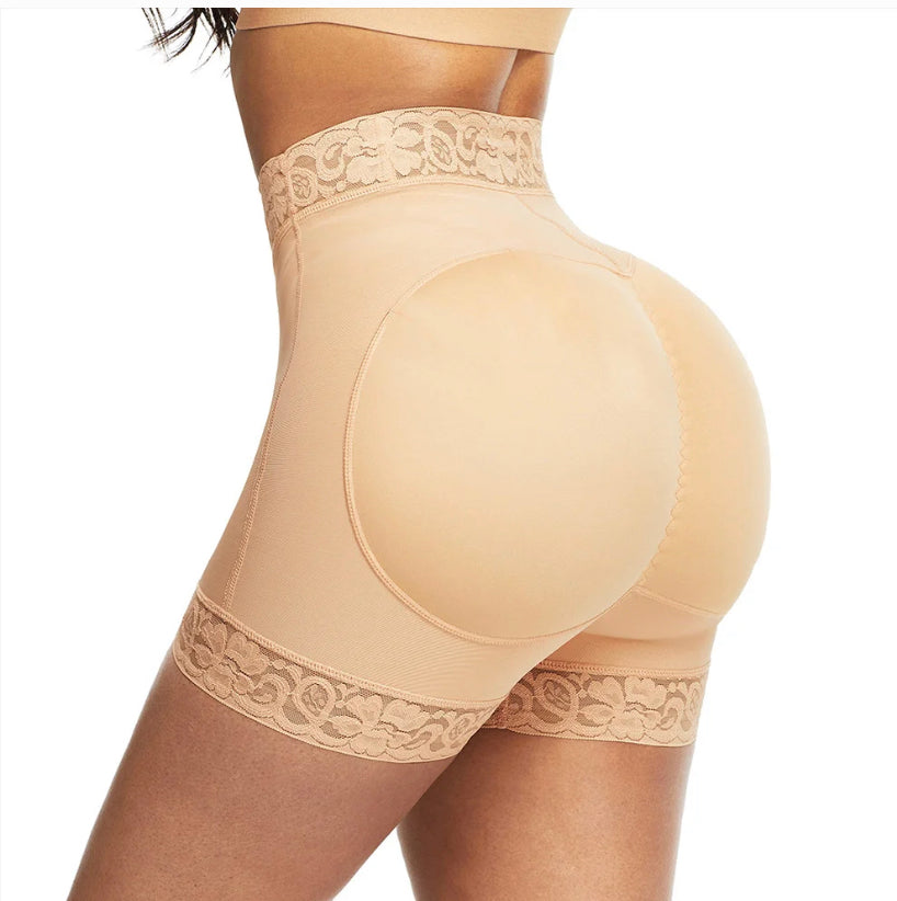 Deep Skin Color Lace Trim Stomach Control Middle Waist Shorts Shapewear