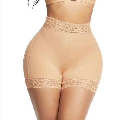 Deep Skin Color Lace Trim Stomach Control Middle Waist Shorts Shapewear