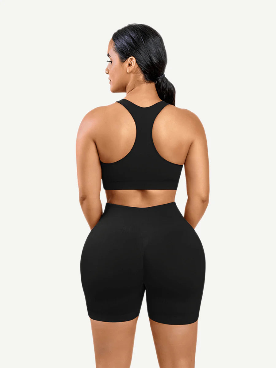 Nylon Seamless V-Neck Biker Shorts Set