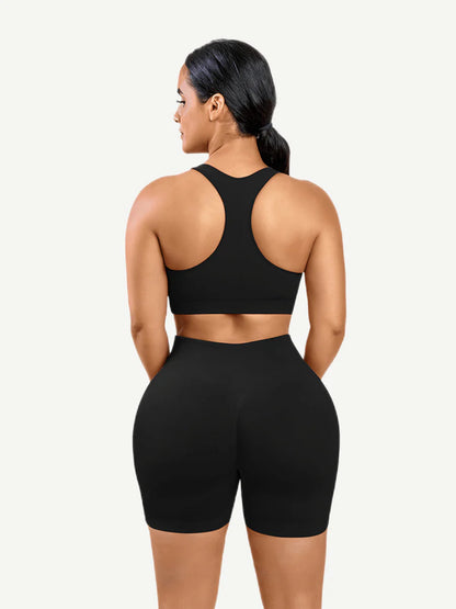Nylon Seamless V-Neck Biker Shorts Set