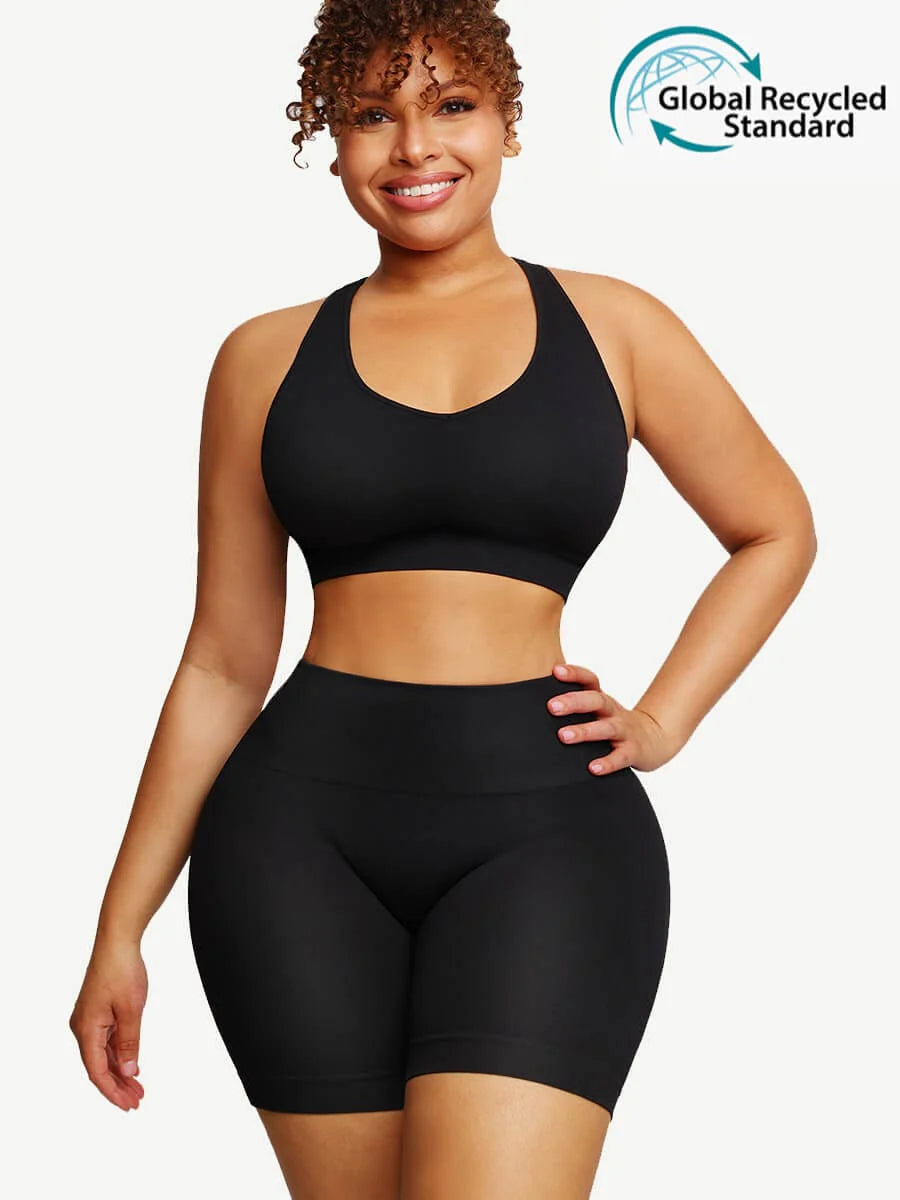 Nylon Seamless V-Neck Biker Shorts Set