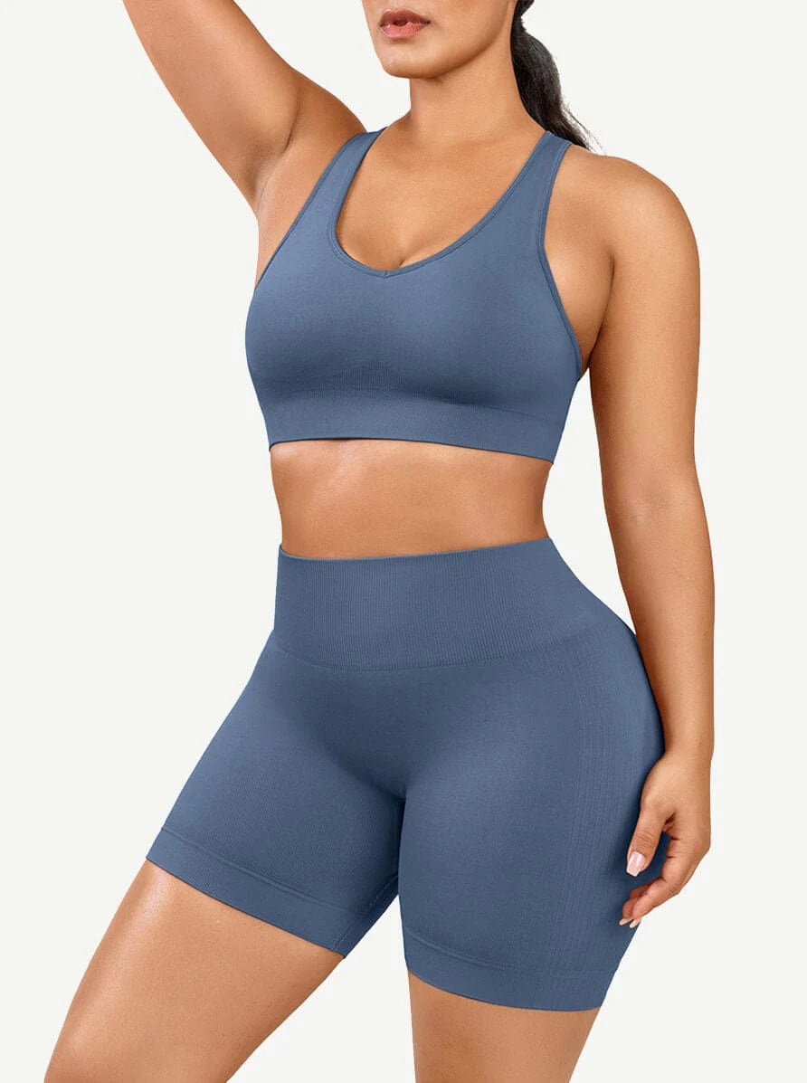 Nylon Seamless V-Neck Biker Shorts Set