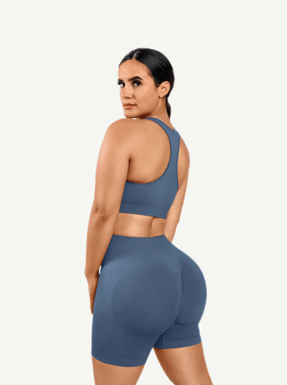Nylon Seamless V-Neck Biker Shorts Set
