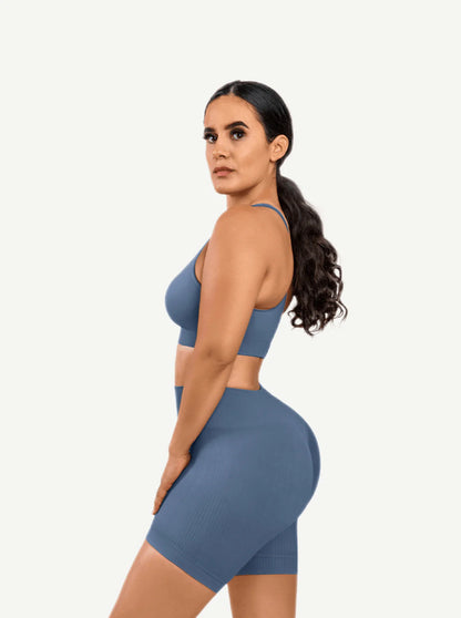 Nylon Seamless V-Neck Biker Shorts Set