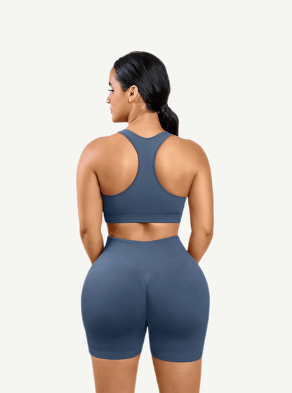 Nylon Seamless V-Neck Biker Shorts Set