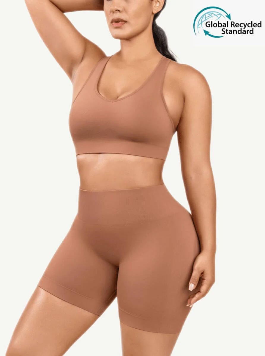 Nylon Seamless V-Neck Biker Shorts Set