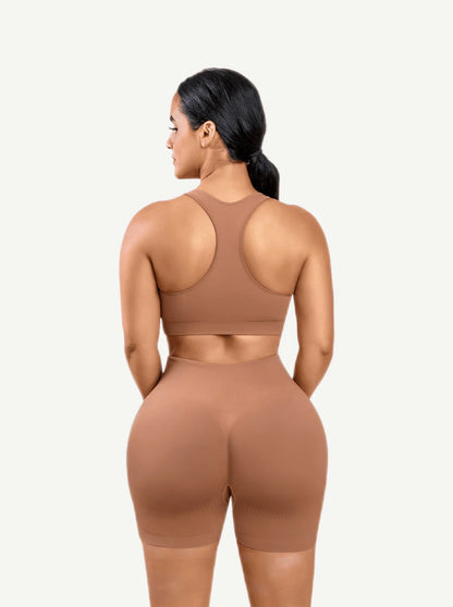 Nylon Seamless V-Neck Biker Shorts Set