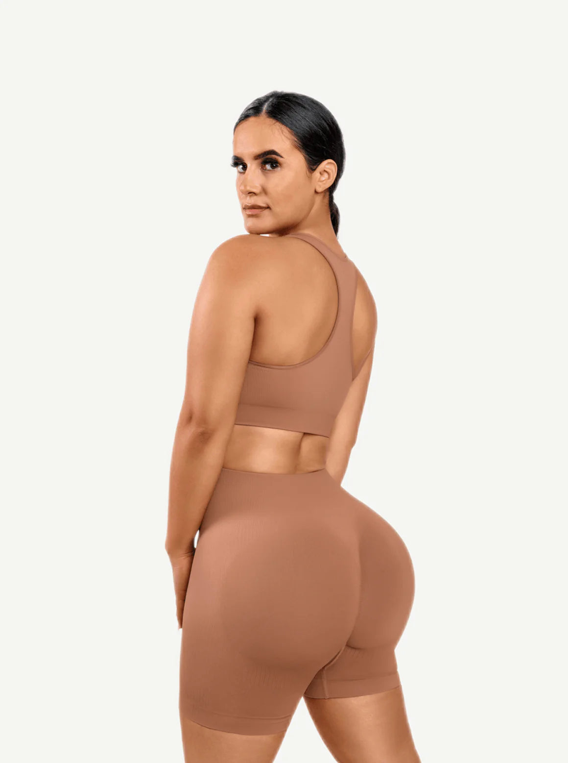 Nylon Seamless V-Neck Biker Shorts Set